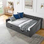 Tagesbett in voller Größe mit Schubladen, gepolstertes Sofa-Bett mit Tufting, Knöpfen an der Rückenlehne und Kupfernägeln an den geschwungenen Armlehnen