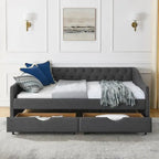 Tagesbett in voller Größe mit Schubladen, gepolstertes Sofa-Bett mit Tufting, Knöpfen an der Rückenlehne und Kupfernägeln an den geschwungenen Armlehnen