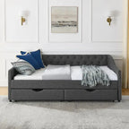Tagesbett in voller Größe mit Schubladen, gepolstertes Sofa-Bett mit Tufting, Knöpfen an der Rückenlehne und Kupfernägeln an den geschwungenen Armlehnen