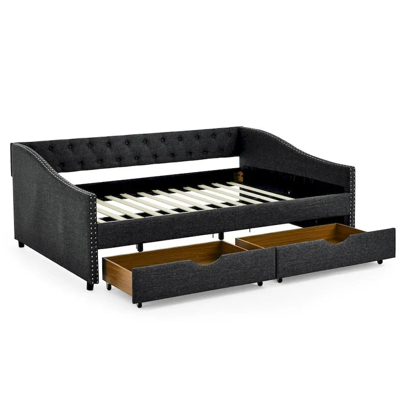 Tagesbett in voller Größe mit Schubladen, gepolstertes Sofa-Bett mit Tufting, Knöpfen an der Rückenlehne und Kupfernägeln an den geschwungenen Armlehnen