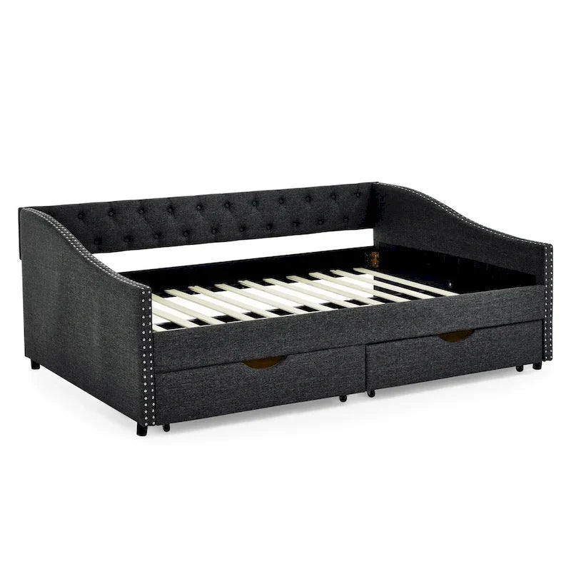 Tagesbett in voller Größe mit Schubladen, gepolstertes Sofa-Bett mit Tufting, Knöpfen an der Rückenlehne und Kupfernägeln an den geschwungenen Armlehnen
