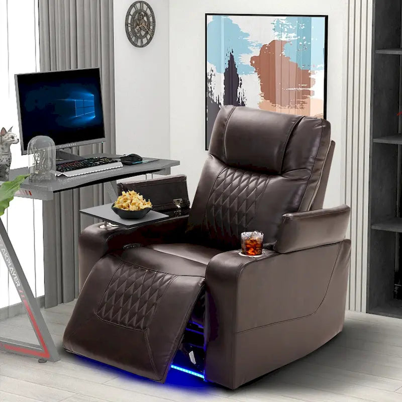 Fauteuil inclinable électrique avec port USB, tablette pivotante et porte-gobelets – Noir/Marron, Rembourré Moderne, Monoplace