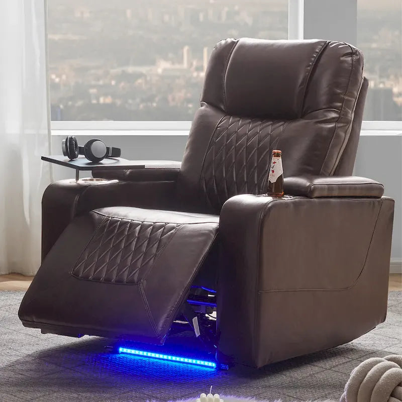 Fauteuil inclinable électrique avec port USB, tablette pivotante et porte-gobelets – Noir/Marron, Rembourré Moderne, Monoplace
