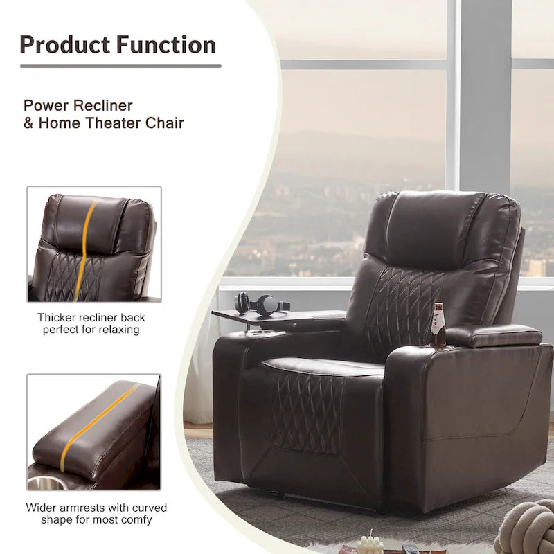 Fauteuil inclinable électrique avec port USB, tablette pivotante et porte-gobelets – Noir/Marron, Rembourré Moderne, Monoplace