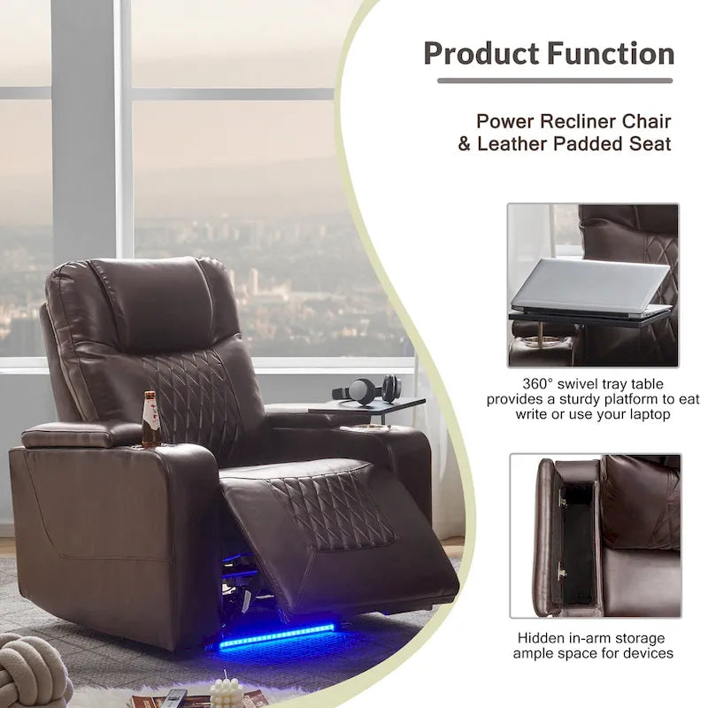 Fauteuil inclinable électrique avec port USB, tablette pivotante et porte-gobelets – Noir/Marron, Rembourré Moderne, Monoplace