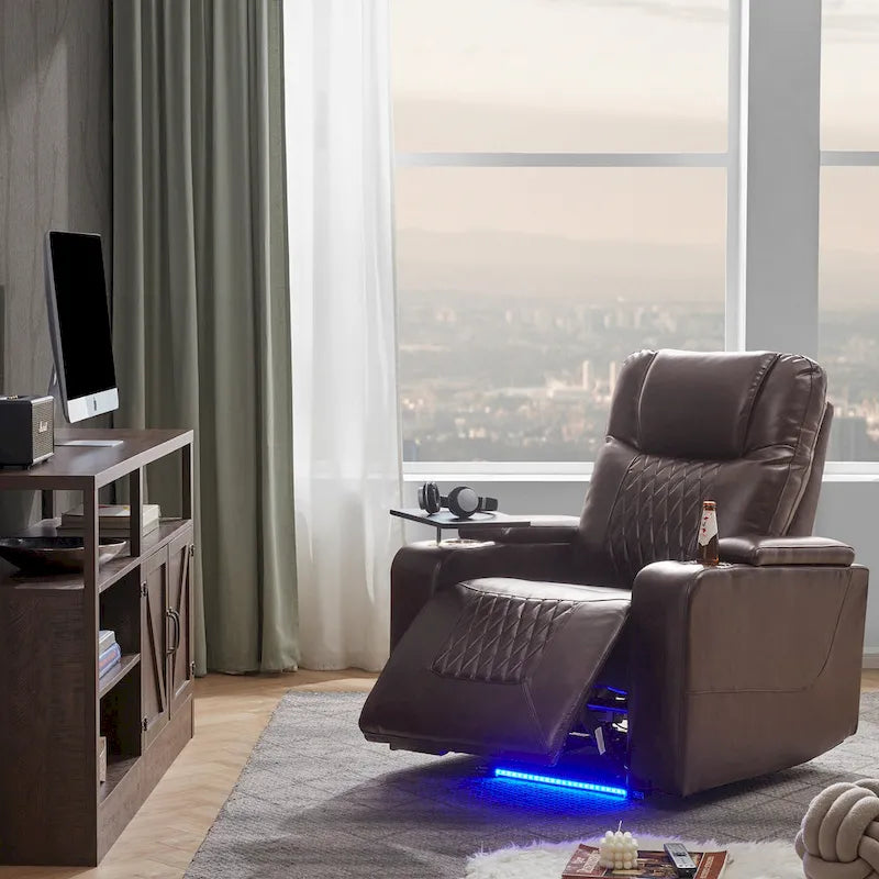 Fauteuil inclinable électrique avec port USB, tablette pivotante et porte-gobelets – Noir/Marron, Rembourré Moderne, Monoplace