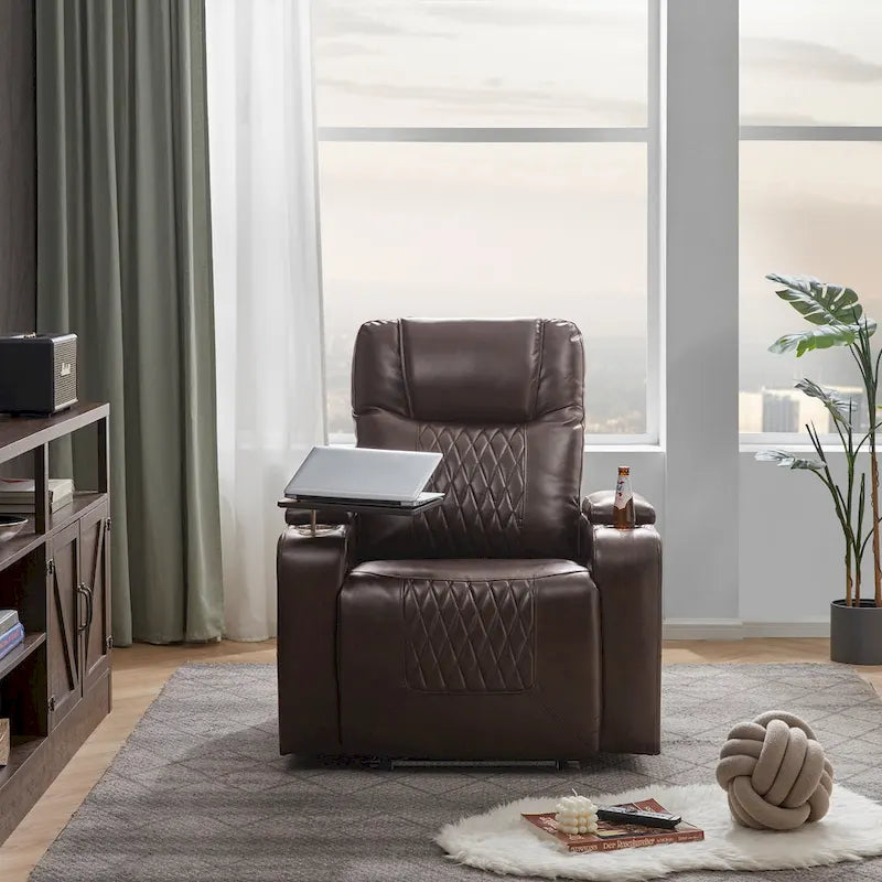Fauteuil inclinable électrique avec port USB, tablette pivotante et porte-gobelets – Noir/Marron, Rembourré Moderne, Monoplace
