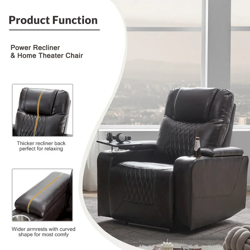 Fauteuil inclinable électrique avec port USB, tablette pivotante et porte-gobelets – Noir/Marron, Rembourré Moderne, Monoplace