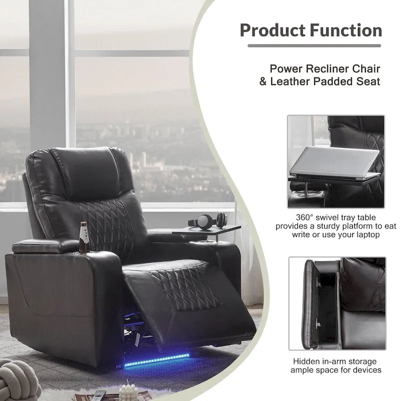 Fauteuil inclinable électrique avec port USB, tablette pivotante et porte-gobelets – Noir/Marron, Rembourré Moderne, Monoplace