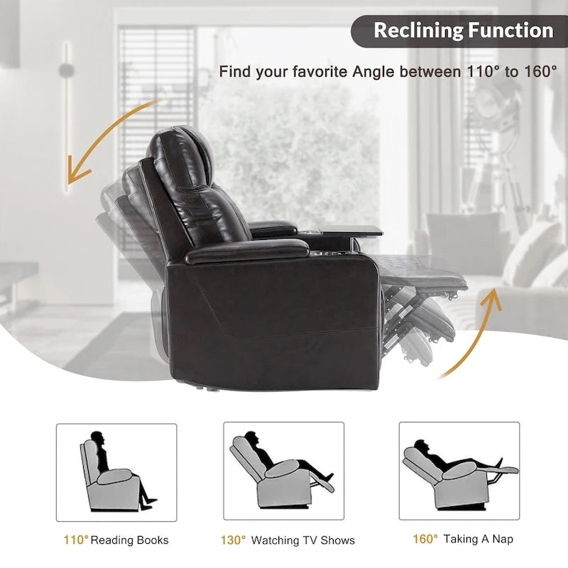Fauteuil inclinable électrique avec port USB, tablette pivotante et porte-gobelets – Noir/Marron, Rembourré Moderne, Monoplace