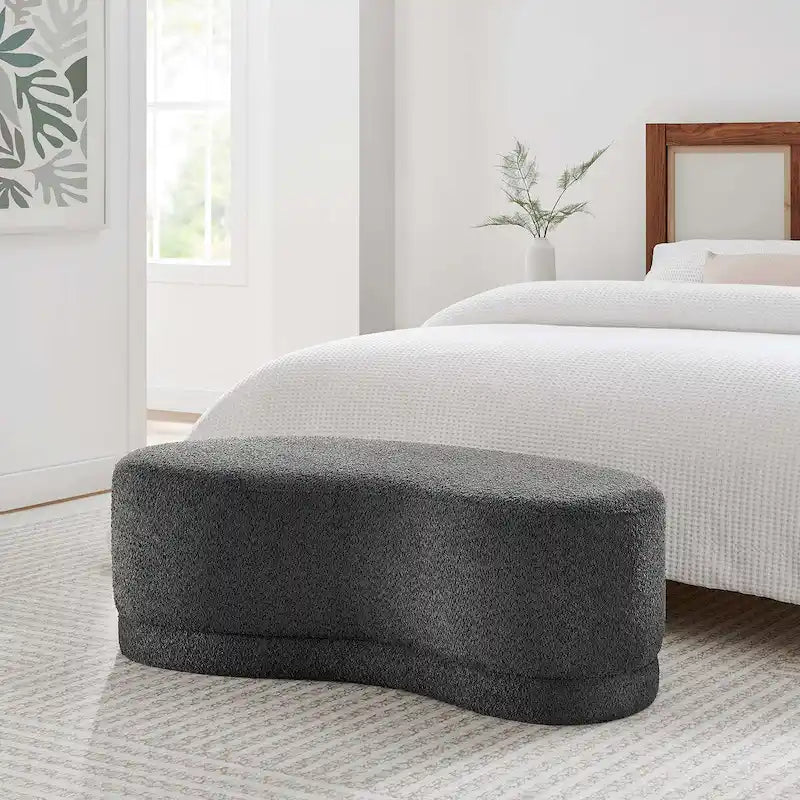 Banc ottoman rond rembourré – Avoine / Ardoise / Crème / Sauge, velours de performance moderne et base en bois d'hévéa, 1–2 utilisateurs