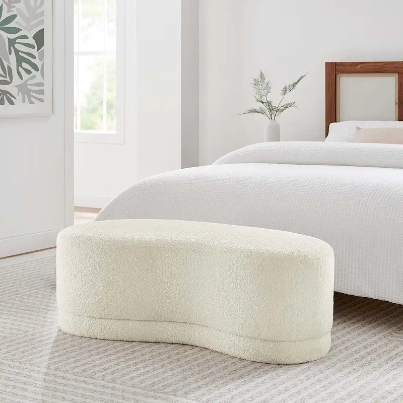 Banc ottoman rond rembourré – Avoine / Ardoise / Crème / Sauge, velours de performance moderne et base en bois d'hévéa, 1–2 utilisateurs