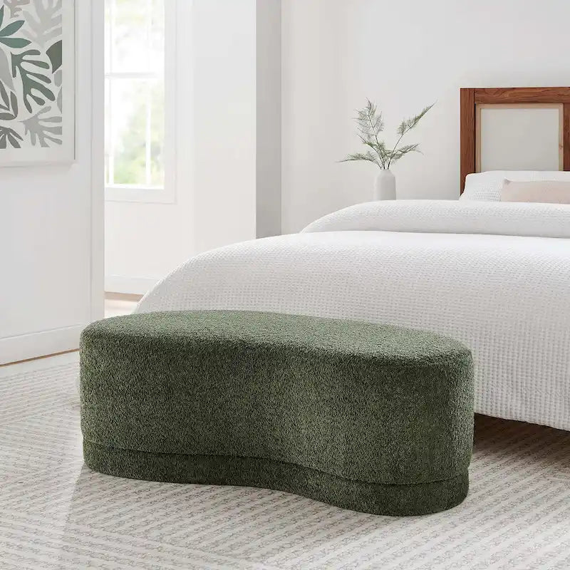Banc ottoman rond rembourré – Avoine / Ardoise / Crème / Sauge, velours de performance moderne et base en bois d'hévéa, 1–2 utilisateurs
