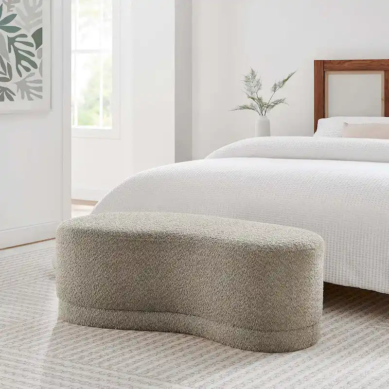 Banc ottoman rond rembourré – Avoine / Ardoise / Crème / Sauge, velours de performance moderne et base en bois d'hévéa, 1–2 utilisateurs