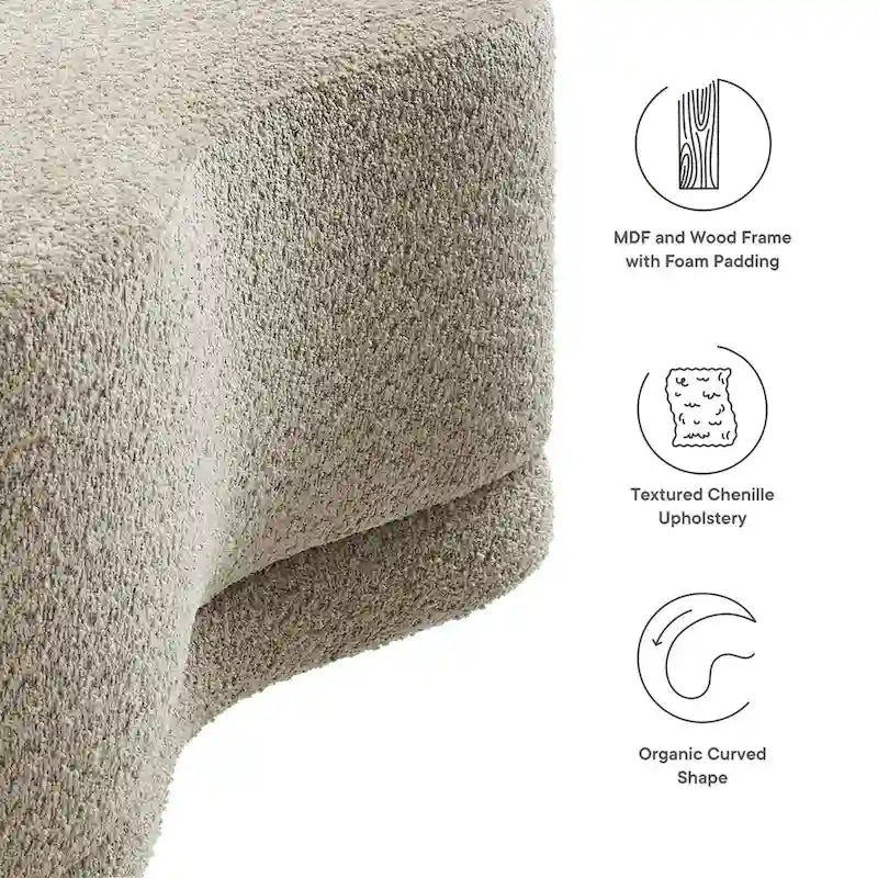 Banc ottoman rond rembourré – Avoine / Ardoise / Crème / Sauge, velours de performance moderne et base en bois d'hévéa, 1–2 utilisateurs