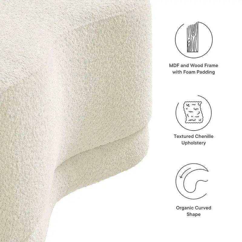 Banc ottoman rond rembourré – Avoine / Ardoise / Crème / Sauge, velours de performance moderne et base en bois d'hévéa, 1–2 utilisateurs