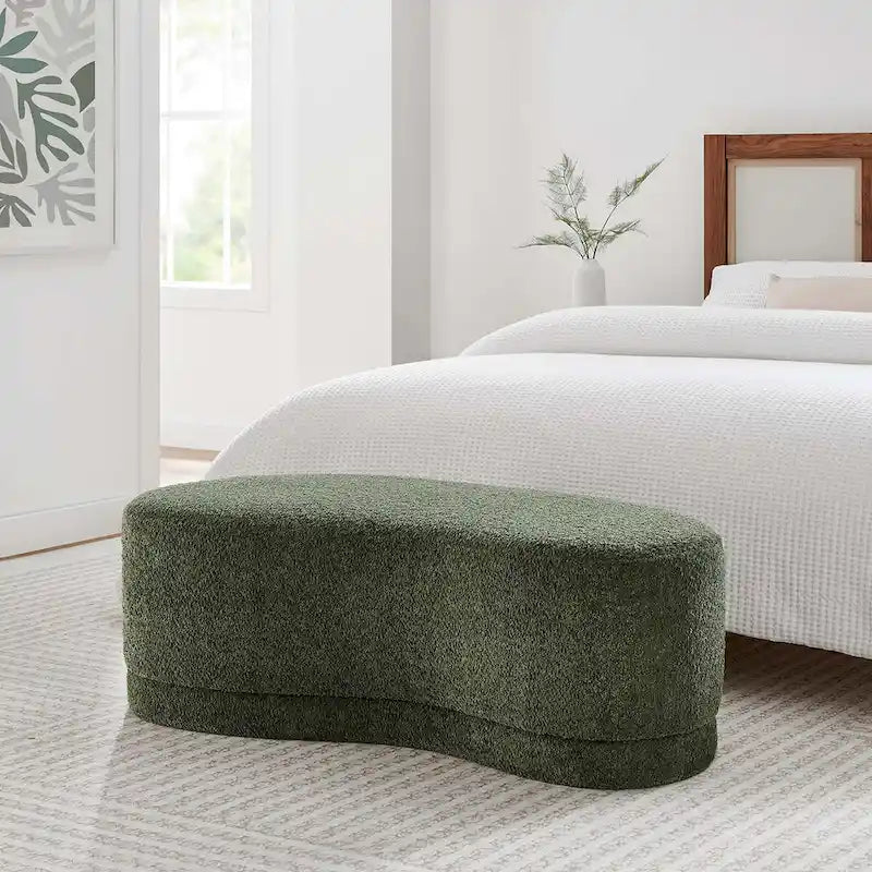 Banc ottoman rond rembourré – Avoine / Ardoise / Crème / Sauge, velours de performance moderne et base en bois d'hévéa, 1–2 utilisateurs