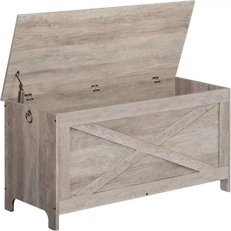 Banc de rangement d'entrée avec couvercle à charnière – Blanc / Greige / Marron rustique, Bois d'ingénierie style industriel rustique, 1 à 2 utilisateurs
