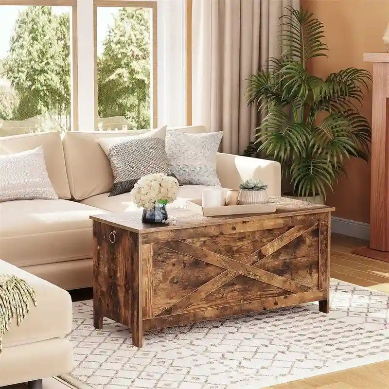 Banc de rangement d'entrée avec couvercle à charnière – Blanc / Greige / Marron rustique, Bois d'ingénierie style industriel rustique, 1 à 2 utilisateurs