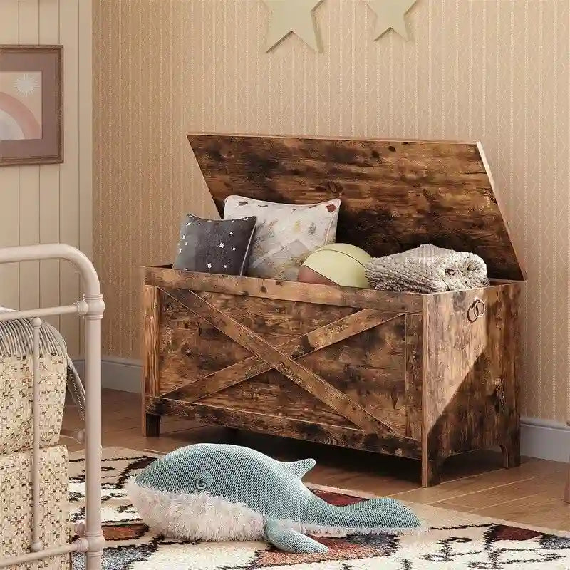 Banc de rangement d'entrée avec couvercle à charnière – Blanc / Greige / Marron rustique, Bois d'ingénierie style industriel rustique, 1 à 2 utilisateurs