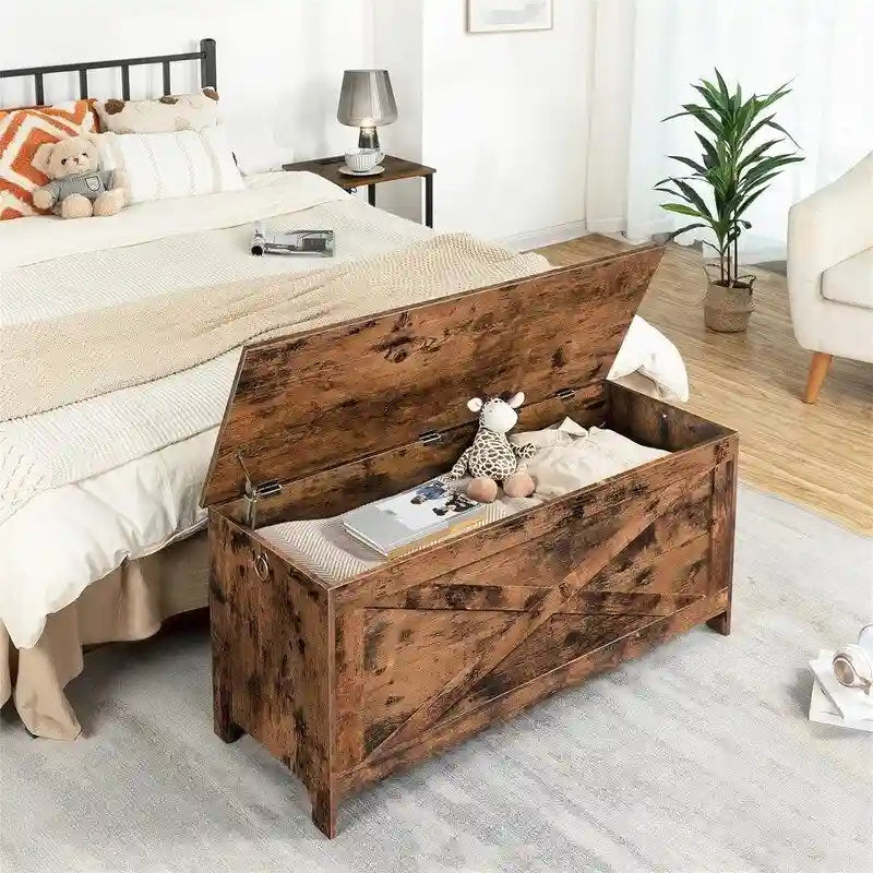 Banc de rangement d'entrée avec couvercle à charnière – Blanc / Greige / Marron rustique, Bois d'ingénierie style industriel rustique, 1 à 2 utilisateurs