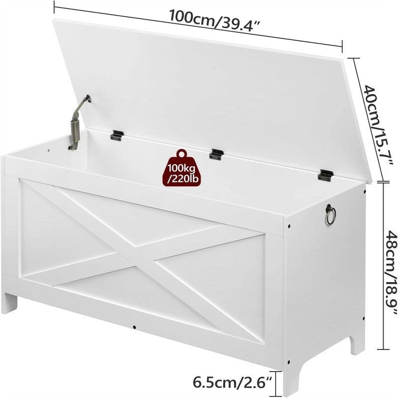 Banc de rangement d'entrée avec couvercle à charnière – Blanc / Greige / Marron rustique, Bois d'ingénierie style industriel rustique, 1 à 2 utilisateurs
