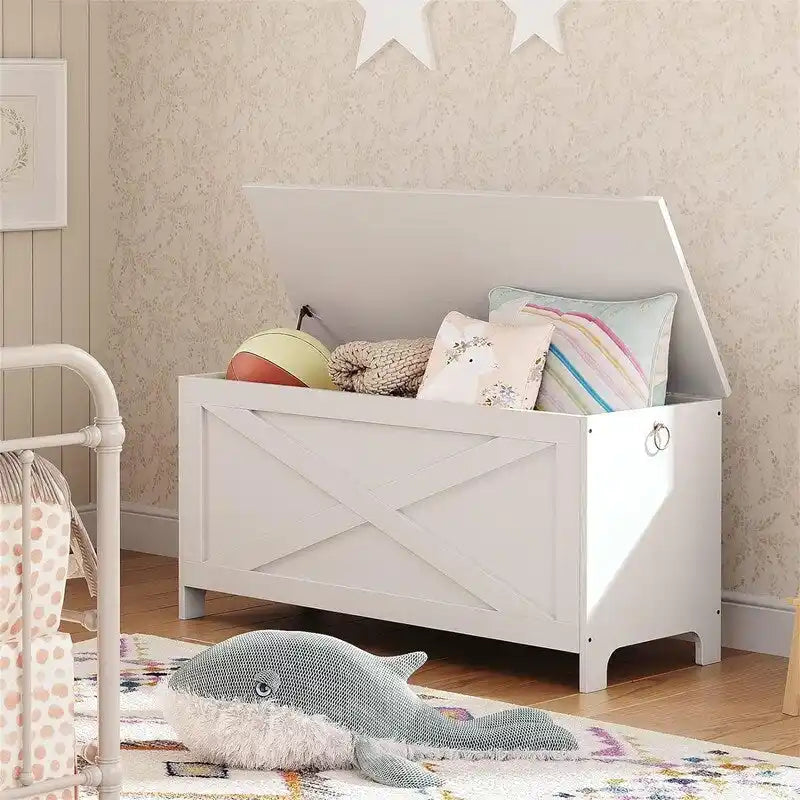 Banc de rangement d'entrée avec couvercle à charnière – Blanc / Greige / Marron rustique, Bois d'ingénierie style industriel rustique, 1 à 2 utilisateurs
