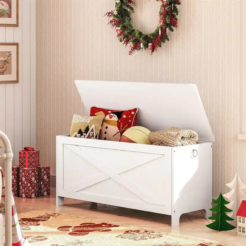 Banc de rangement d'entrée avec couvercle à charnière – Blanc / Greige / Marron rustique, Bois d'ingénierie style industriel rustique, 1 à 2 utilisateurs