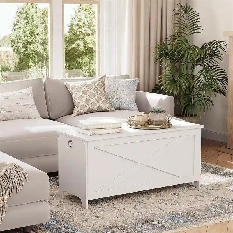 Banc de rangement d'entrée avec couvercle à charnière – Blanc / Greige / Marron rustique, Bois d'ingénierie style industriel rustique, 1 à 2 utilisateurs
