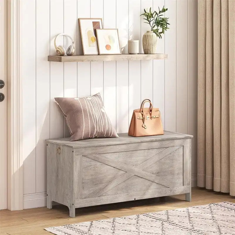 Banc de rangement d'entrée avec couvercle à charnière – Blanc / Greige / Marron rustique, Bois d'ingénierie style industriel rustique, 1 à 2 utilisateurs