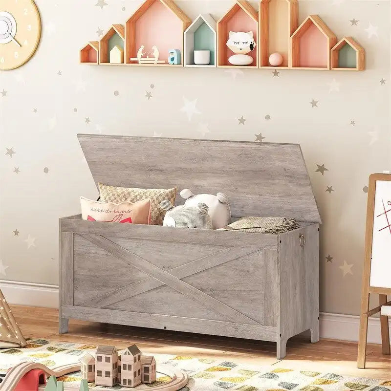 Banc de rangement d'entrée avec couvercle à charnière – Blanc / Greige / Marron rustique, Bois d'ingénierie style industriel rustique, 1 à 2 utilisateurs