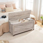 Banc de rangement d'entrée avec couvercle à charnière – Blanc / Greige / Marron rustique, Bois d'ingénierie style industriel rustique, 1 à 2 utilisateurs