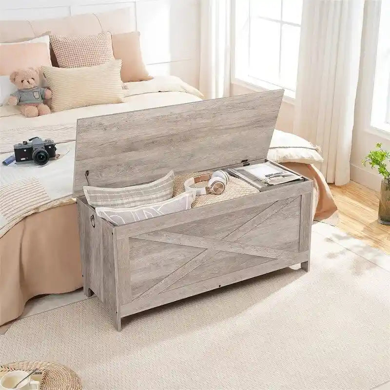 Banc de rangement d'entrée avec couvercle à charnière – Blanc / Greige / Marron rustique, Bois d'ingénierie style industriel rustique, 1 à 2 utilisateurs