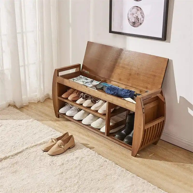 Banc de rangement en bambou avec coussin – Brun / Brun noisette, meuble à chaussures moderne pour entrée, 1-2 utilisateurs