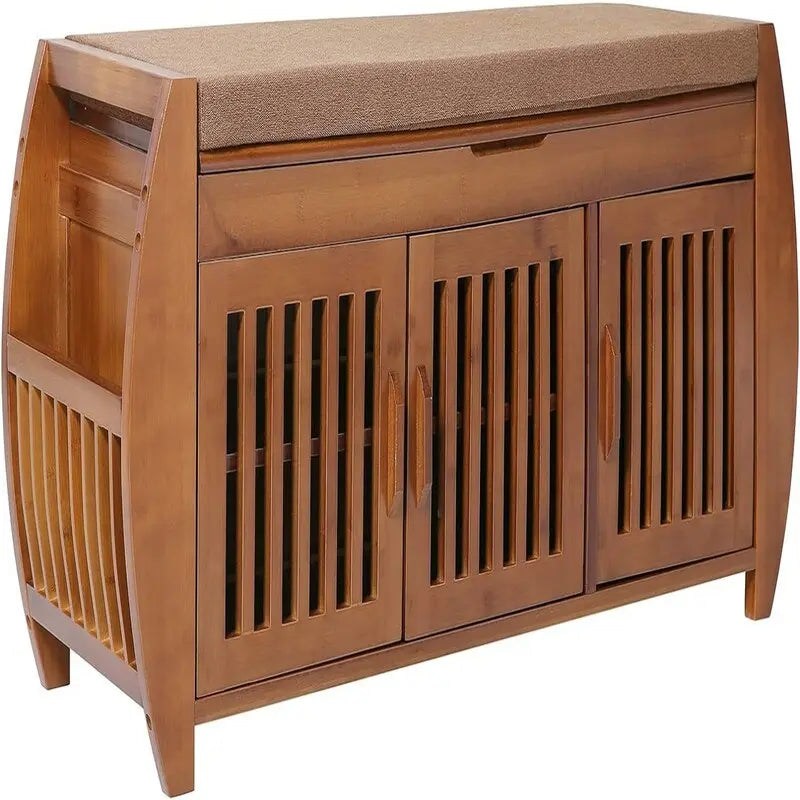 Banc de rangement en bambou avec coussin – Brun / Brun noisette, meuble à chaussures moderne pour entrée, 1-2 utilisateurs