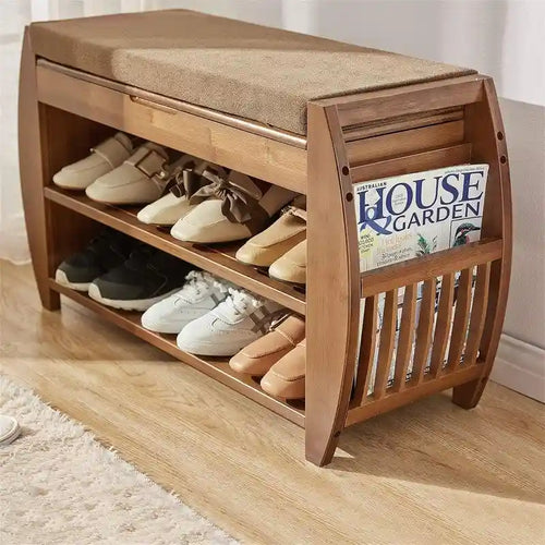 Banc de rangement en bambou avec coussin – Brun / Brun noisette, meuble à chaussures moderne pour entrée, 1-2 utilisateurs