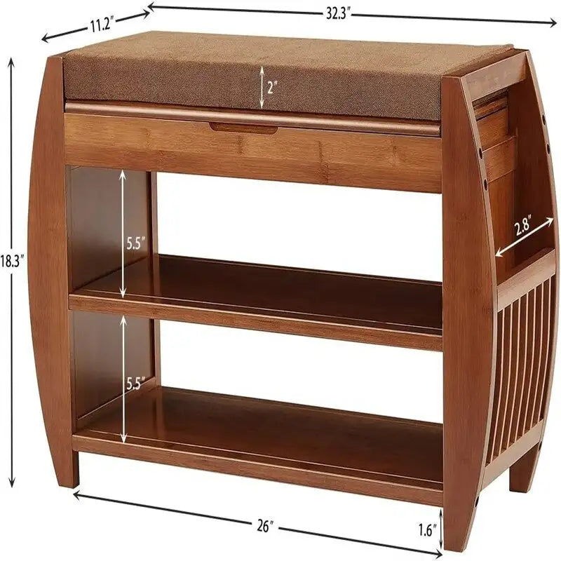 Banc de rangement en bambou avec coussin – Brun / Brun noisette, meuble à chaussures moderne pour entrée, 1-2 utilisateurs