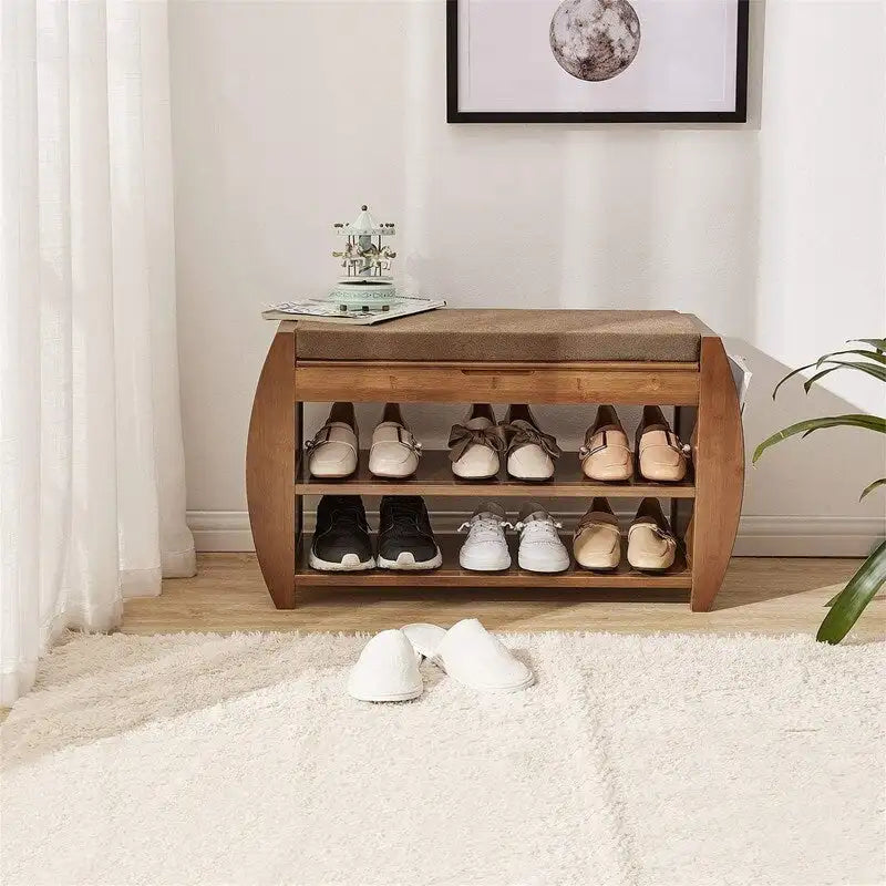 Banc de rangement en bambou avec coussin – Brun / Brun noisette, meuble à chaussures moderne pour entrée, 1-2 utilisateurs