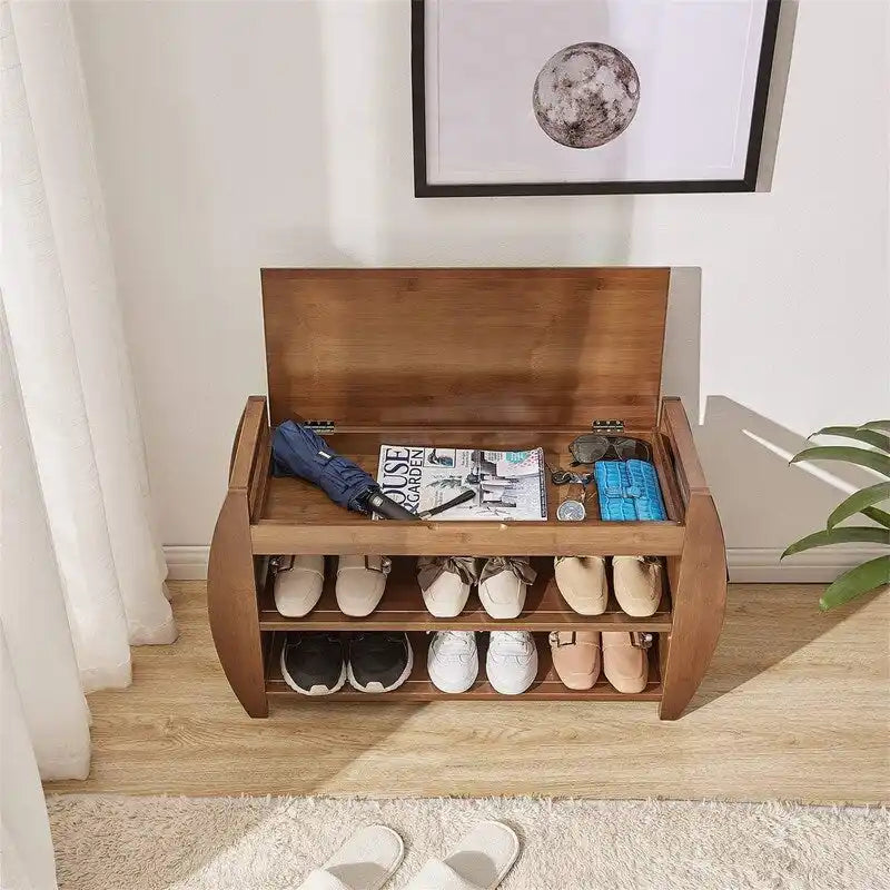 Banc de rangement en bambou avec coussin – Brun / Brun noisette, meuble à chaussures moderne pour entrée, 1-2 utilisateurs