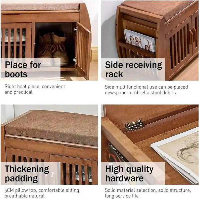 Banc de rangement en bambou avec coussin – Brun / Brun noisette, meuble à chaussures moderne pour entrée, 1-2 utilisateurs