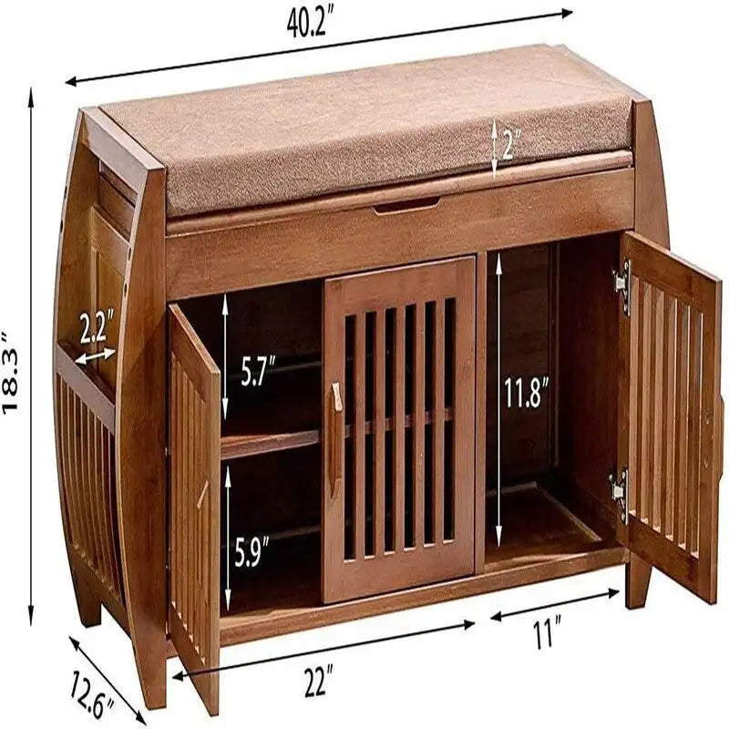 Banc de rangement en bambou avec coussin – Brun / Brun noisette, meuble à chaussures moderne pour entrée, 1-2 utilisateurs