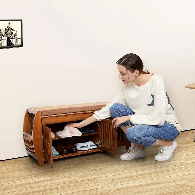 Banc de rangement en bambou avec coussin – Brun / Brun noisette, meuble à chaussures moderne pour entrée, 1-2 utilisateurs