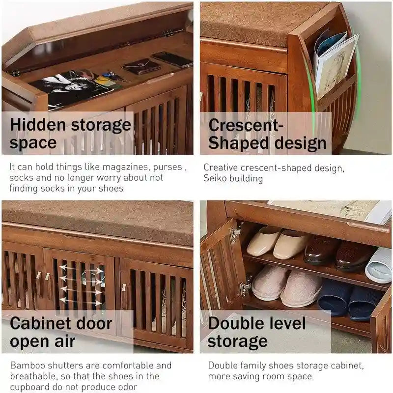 Banc de rangement en bambou avec coussin – Brun / Brun noisette, meuble à chaussures moderne pour entrée, 1-2 utilisateurs