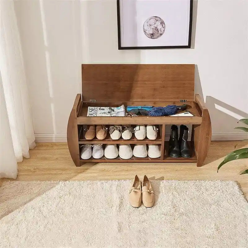 Banc de rangement en bambou avec coussin – Brun / Brun noisette, meuble à chaussures moderne pour entrée, 1-2 utilisateurs