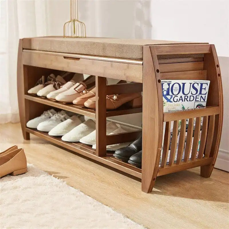 Banc de rangement en bambou avec coussin – Brun / Brun noisette, meuble à chaussures moderne pour entrée, 1-2 utilisateurs