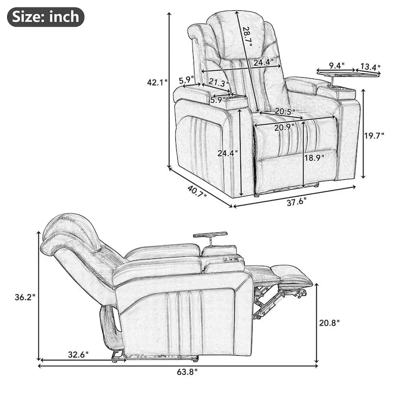 Fauteuil inclinable électrique en similicuir noir/marron avec port USB et tablette pour 1 personne