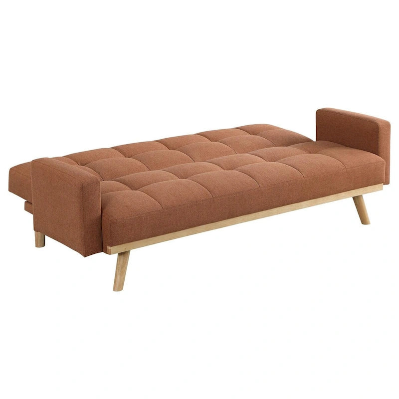 Canapé-lit futon mi-century capitonné en tissu orange et marron, avec pieds obliques, pour 2 personnes