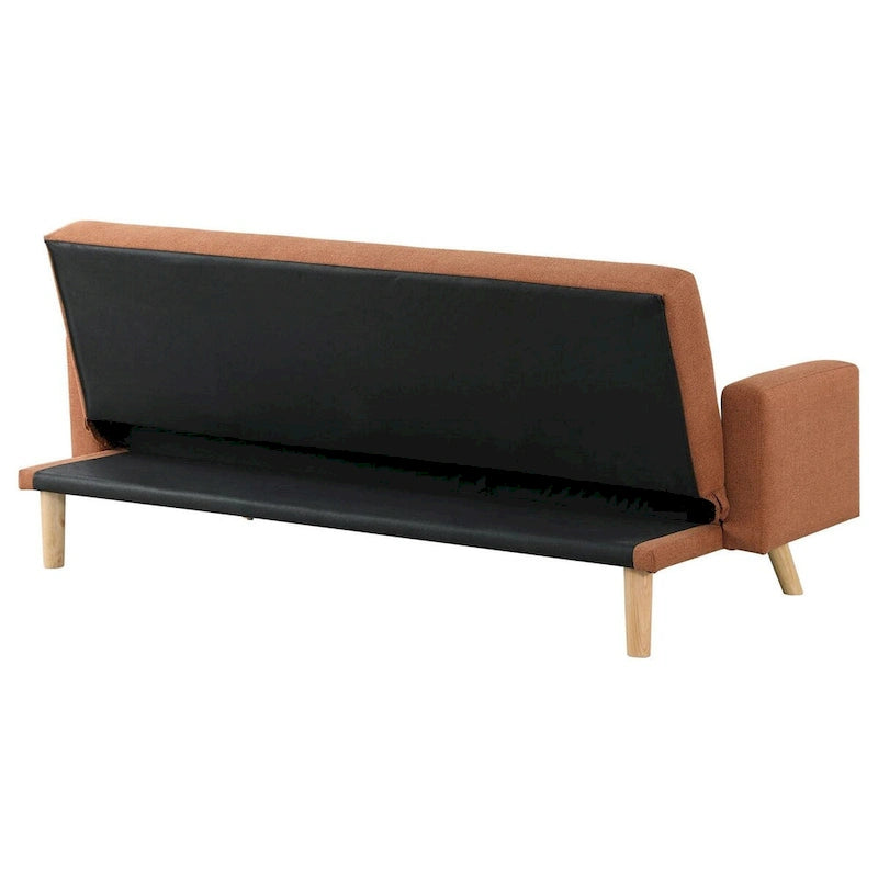 Canapé-lit futon mi-century capitonné en tissu orange et marron, avec pieds obliques, pour 2 personnes