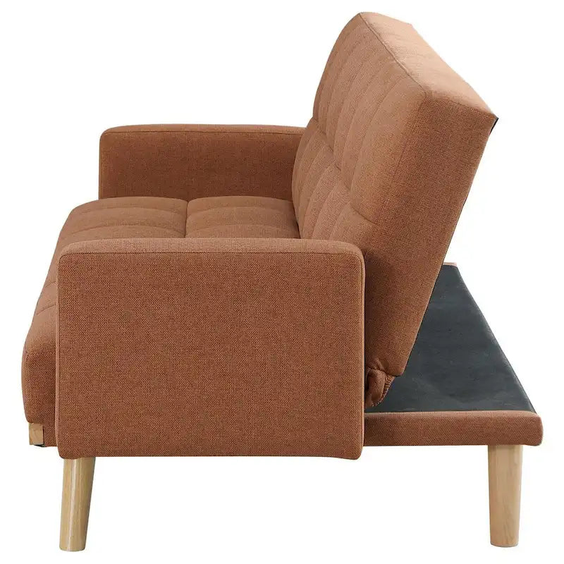 Canapé-lit futon mi-century capitonné en tissu orange et marron, avec pieds obliques, pour 2 personnes