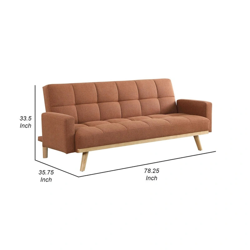 Canapé-lit futon mi-century capitonné en tissu orange et marron, avec pieds obliques, pour 2 personnes